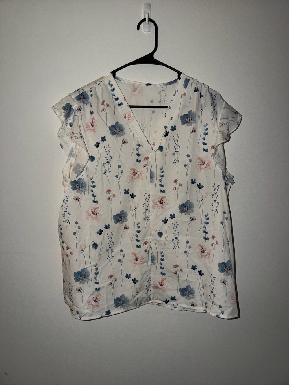 SHEIN White Floral V-Neck Flutter Sleeve Blouse with Blue & Pink Flowers